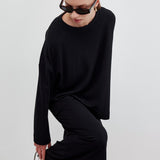 KNITTED TUNIC WITH SLIT AND PENCIL SKIRT SET BLACK